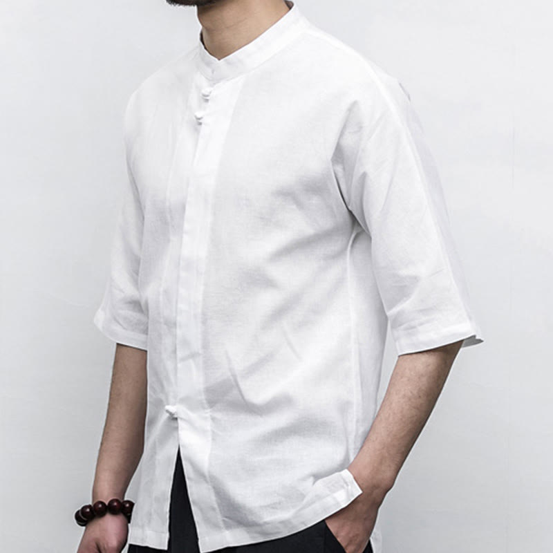 Buddha Stones Chiński Żaba-Guzik Tang Suit Zen Pół Rękaw Koszula Lniana Męska Odzież - image 7