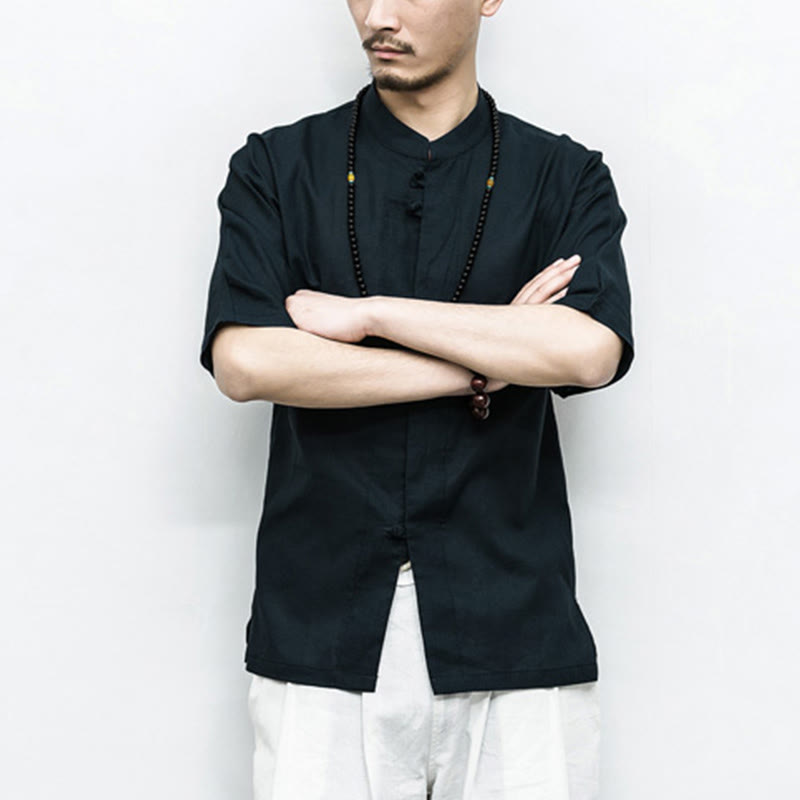 Buddha Stones Chiński Żaba-Guzik Tang Suit Zen Pół Rękaw Koszula Lniana Męska Odzież - image 16