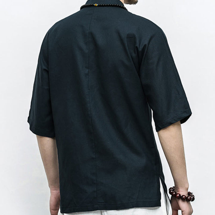 Buddha Stones Chiński Żaba-Guzik Tang Suit Zen Pół Rękaw Koszula Lniana Męska Odzież - image 14