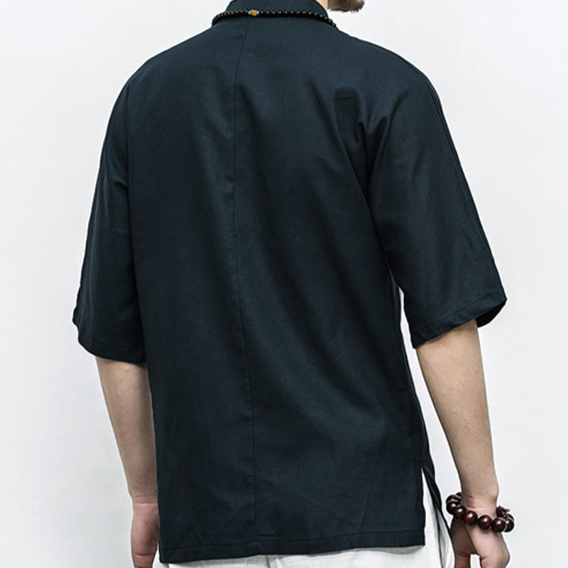 Buddha Stones Chiński Żaba-Guzik Tang Suit Zen Pół Rękaw Koszula Lniana Męska Odzież - image 14