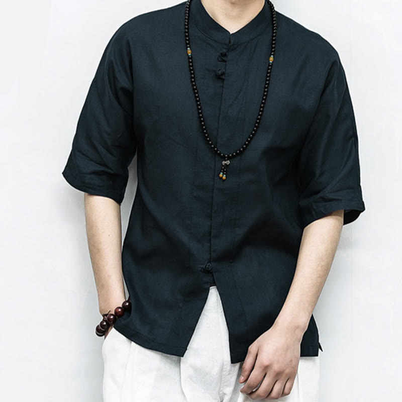 Buddha Stones Chiński Żaba-Guzik Tang Suit Zen Pół Rękaw Koszula Lniana Męska Odzież - image 13