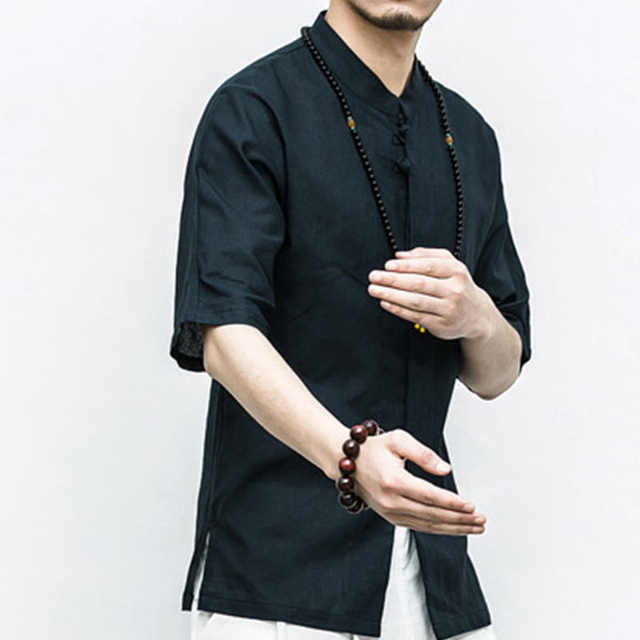 Buddha Stones Chiński Żaba-Guzik Tang Suit Zen Pół Rękaw Koszula Lniana Męska Odzież - image 15