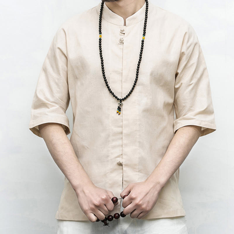 Buddha Stones Chiński Żaba-Guzik Tang Suit Zen Pół Rękaw Koszula Lniana Męska Odzież - image 18