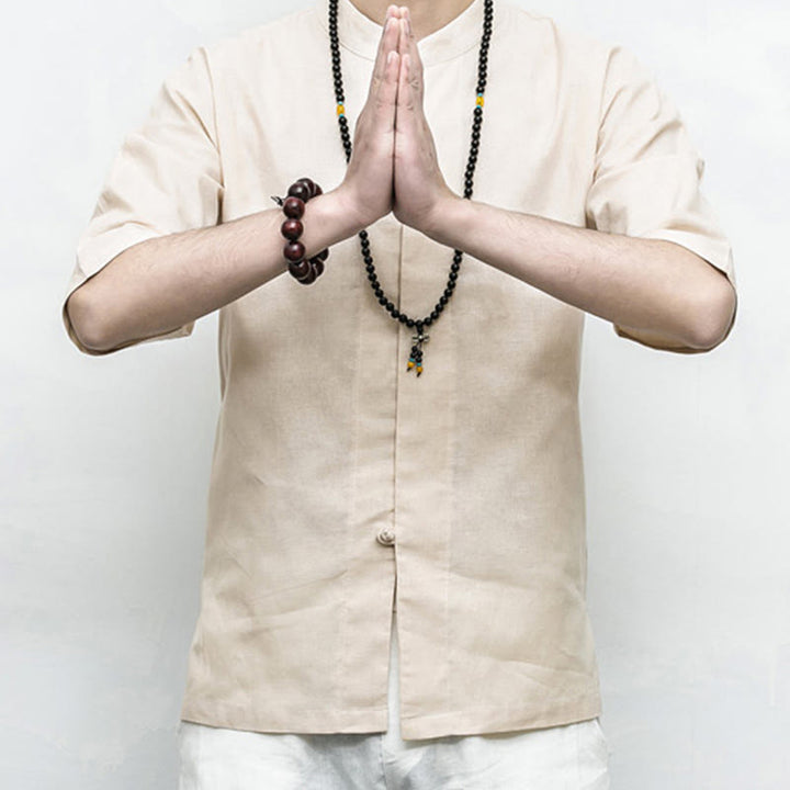 Buddha Stones Chiński Żaba-Guzik Tang Suit Zen Pół Rękaw Koszula Lniana Męska Odzież - image 19