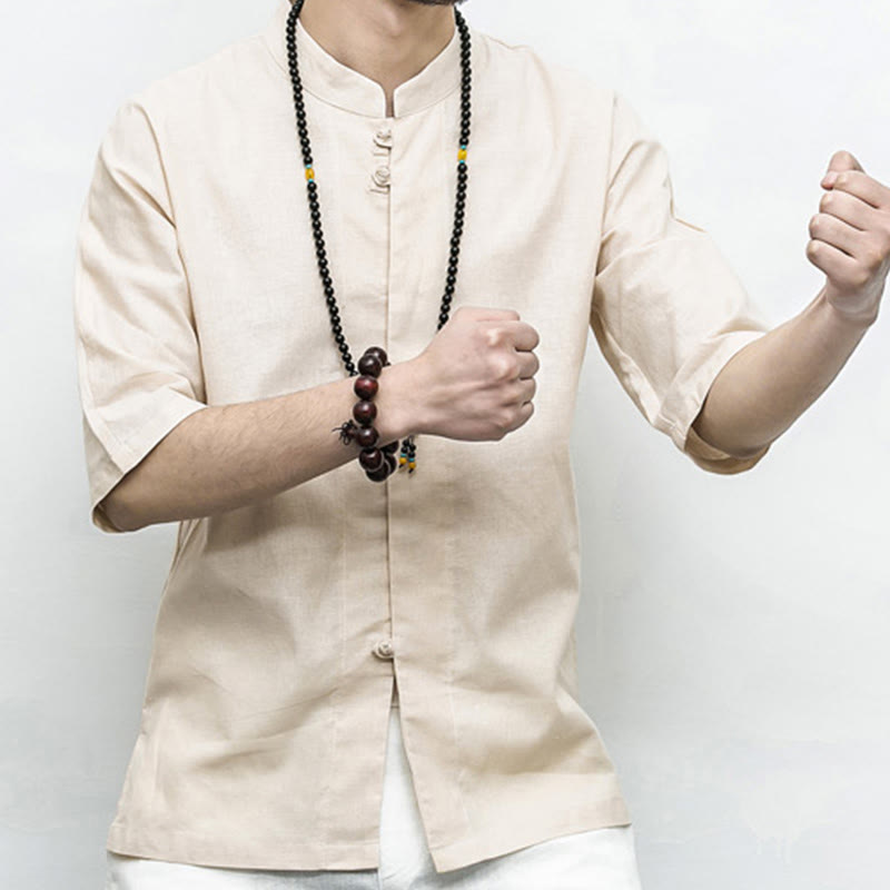 Buddha Stones Chiński Żaba-Guzik Tang Suit Zen Pół Rękaw Koszula Lniana Męska Odzież - image 21