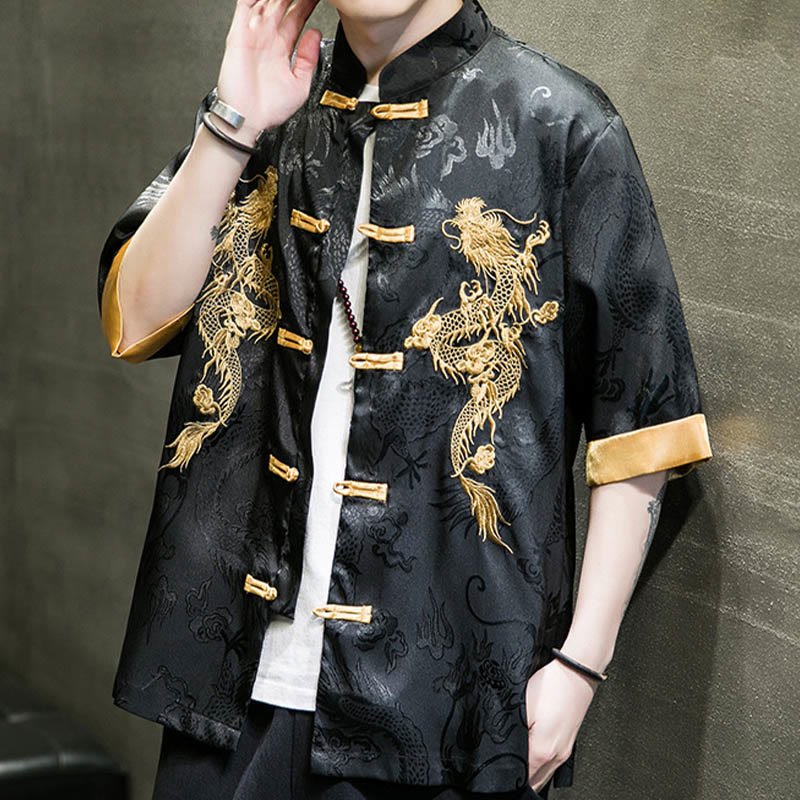 Buddha Stones -Guzik Chiński Smok Haft Pół Rękaw Koszula Lniana Męska Odzież - image 7