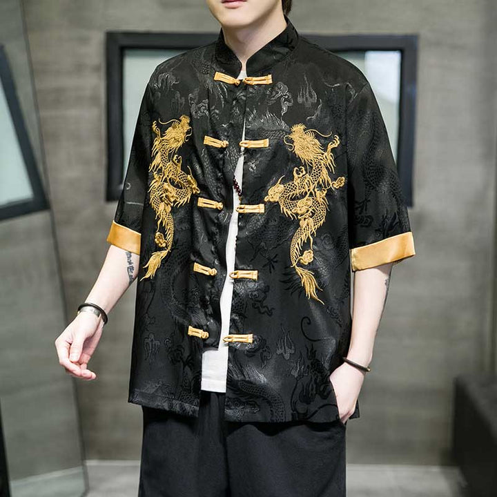Buddha Stones -Guzik Chiński Smok Haft Pół Rękaw Koszula Lniana Męska Odzież - Czarny - US/UK/AU48， EU58(5XL)  - image 0