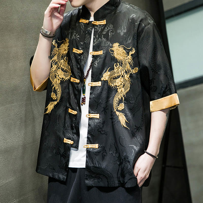 Buddha Stones -Guzik Chiński Smok Haft Pół Rękaw Koszula Lniana Męska Odzież - image 9