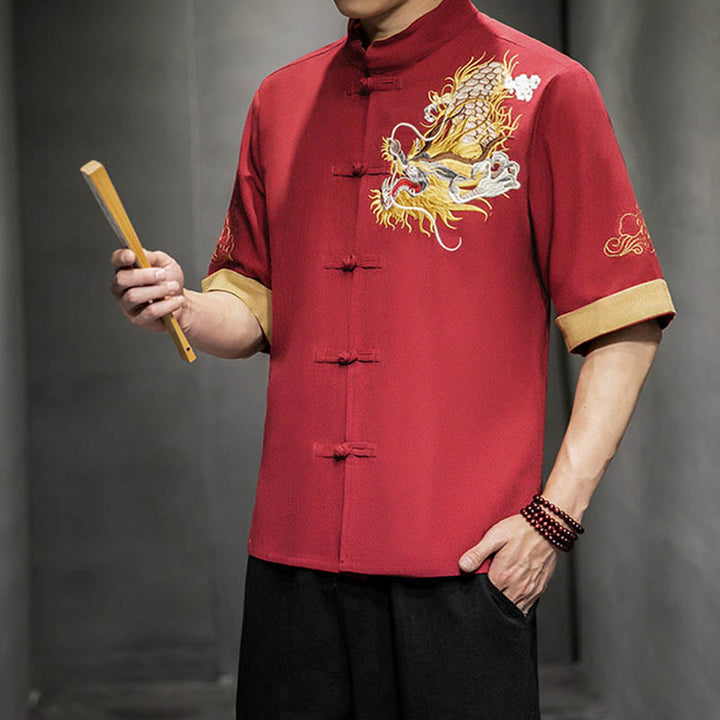 Buddha Stones -Guzik Chiński Smok Pomyślny Chmura Haft Pół Rękaw Koszula Bawełna Len Mężczyźni Odzież - image 16