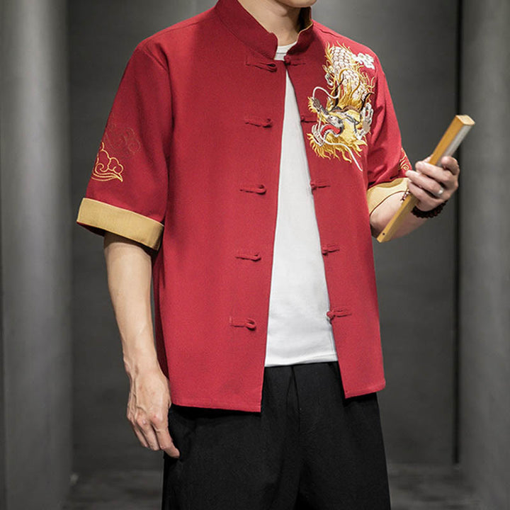 Buddha Stones -Guzik Chiński Smok Pomyślny Chmura Haft Pół Rękaw Koszula Bawełna Len Mężczyźni Odzież - image 15