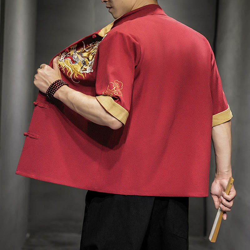 Buddha Stones -Guzik Chiński Smok Pomyślny Chmura Haft Pół Rękaw Koszula Bawełna Len Mężczyźni Odzież - image 14