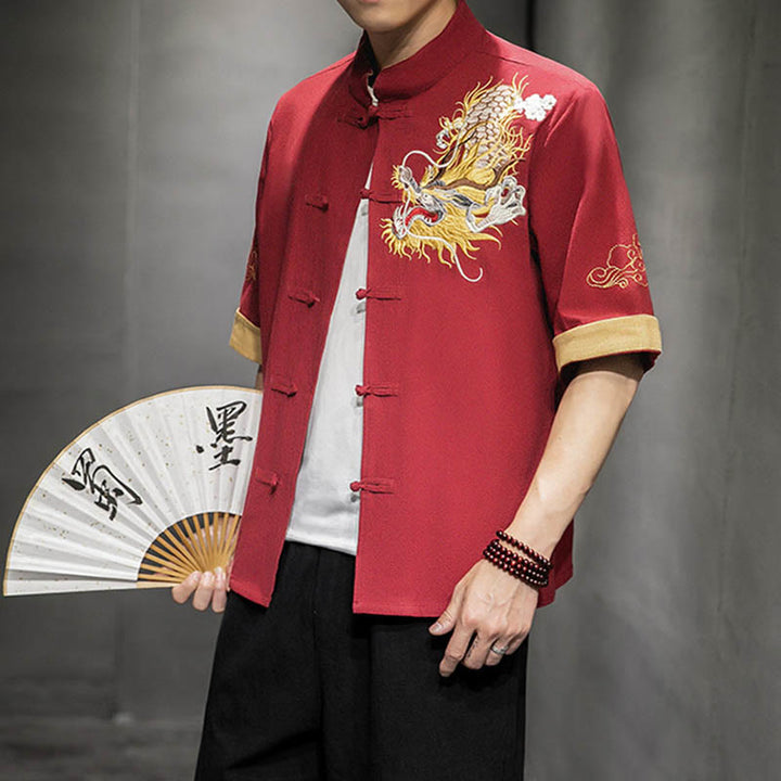 Buddha Stones -Guzik Chiński Smok Pomyślny Chmura Haft Pół Rękaw Koszula Bawełna Len Mężczyźni Odzież - Pomidor - US/UK/AU44，EU54 (5XL)  - image 12