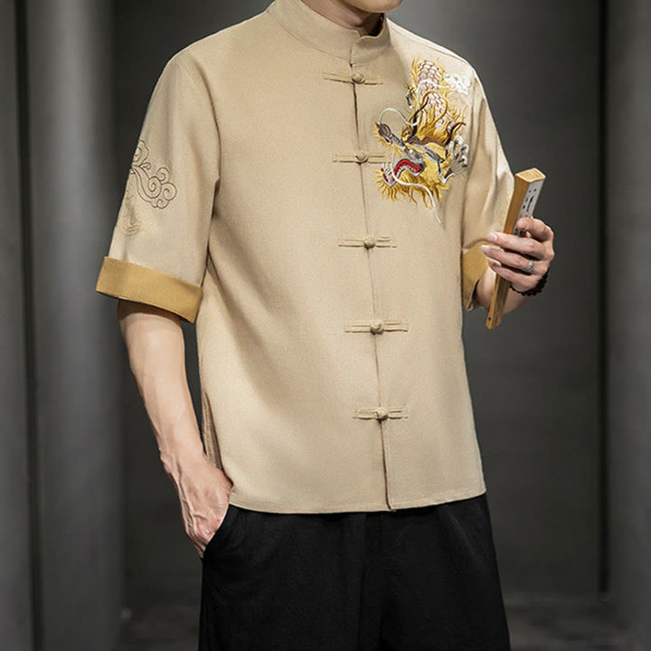 Buddha Stones -Guzik Chiński Smok Pomyślny Chmura Haft Pół Rękaw Koszula Bawełna Len Mężczyźni Odzież - image 30