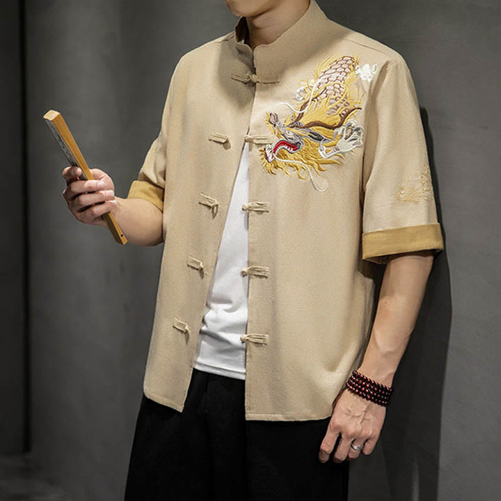 Buddha Stones -Guzik Chiński Smok Pomyślny Chmura Haft Pół Rękaw Koszula Bawełna Len Mężczyźni Odzież - image 32