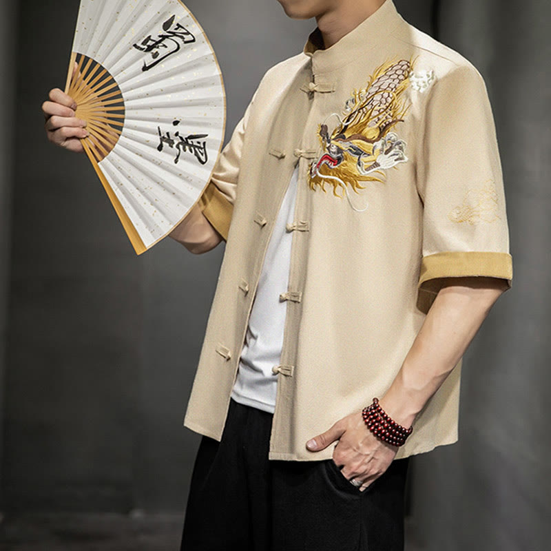 Buddha Stones -Guzik Chiński Smok Pomyślny Chmura Haft Pół Rękaw Koszula Bawełna Len Mężczyźni Odzież - image 29