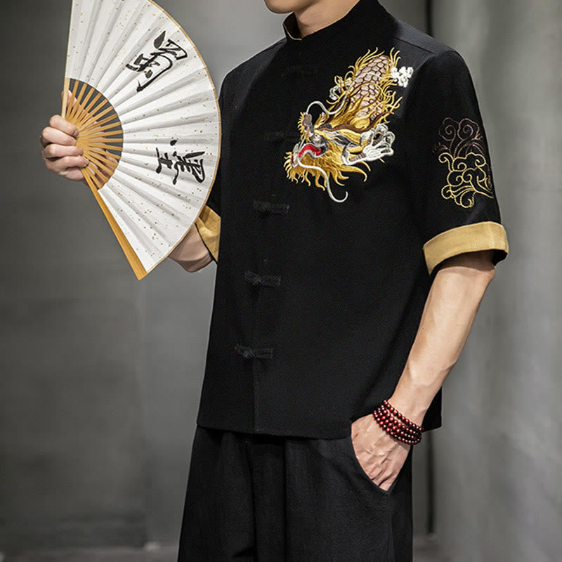 Buddha Stones -Guzik Chiński Smok Pomyślny Chmura Haft Pół Rękaw Koszula Bawełna Len Mężczyźni Odzież - image 4