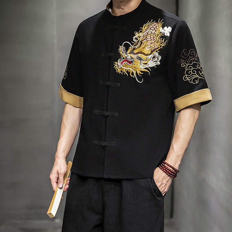 Buddha Stones -Guzik Chiński Smok Pomyślny Chmura Haft Pół Rękaw Koszula Bawełna Len Mężczyźni Odzież - image 6