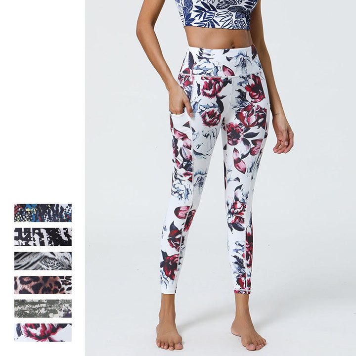 Buddha Stones Różane Linie Tygrys Panterka Nadruk Sport Fitness Wysoki Stan Legginsy Damskie Spodnie Do Jogi Z Kieszeniami