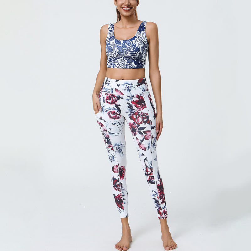 Buddha Stones Różane Linie Tygrys Panterka Nadruk Sport Fitness Wysoki Stan Legginsy Damskie Spodnie Do Jogi Z Kieszeniami