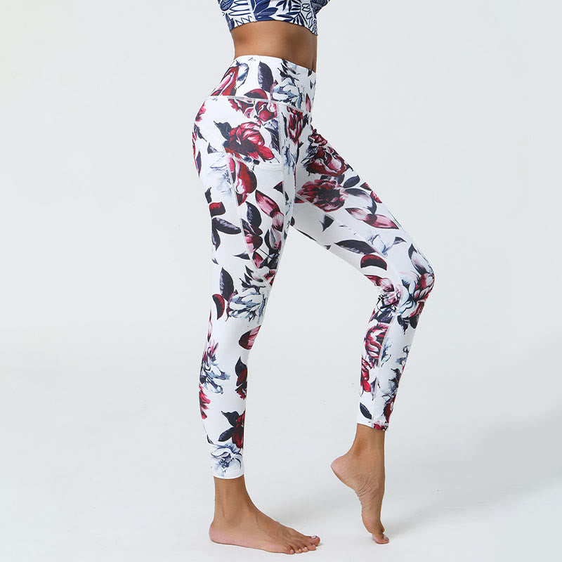 Buddha Stones Różane Linie Tygrys Panterka Nadruk Sport Fitness Wysoki Stan Legginsy Damskie Spodnie Do Jogi Z Kieszeniami