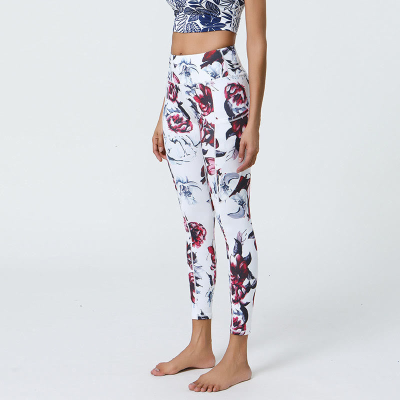 Buddha Stones Różane Linie Tygrys Panterka Nadruk Sport Fitness Wysoki Stan Legginsy Damskie Spodnie Do Jogi Z Kieszeniami