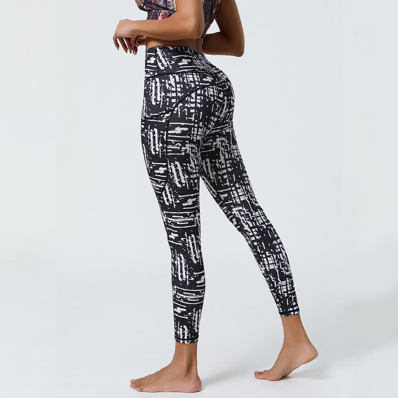 Buddha Stones Różane Linie Tygrys Panterka Nadruk Sport Fitness Wysoki Stan Legginsy Damskie Spodnie Do Jogi Z Kieszeniami