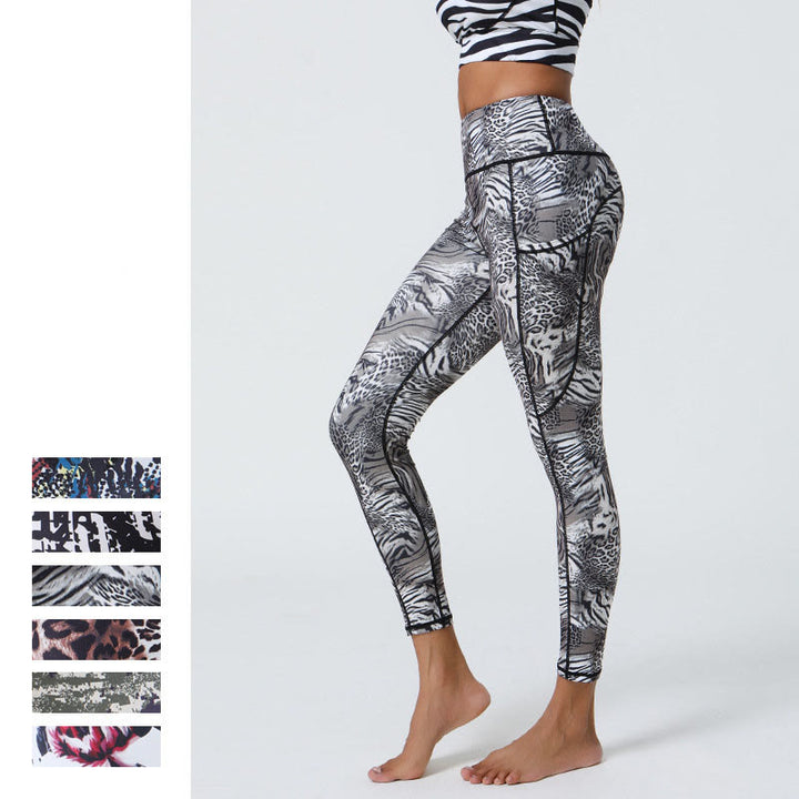 Buddha Stones Różane Linie Tygrys Panterka Nadruk Sport Fitness Wysoki Stan Legginsy Damskie Spodnie Do Jogi Z Kieszeniami