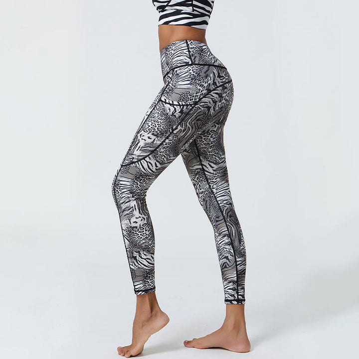Buddha Stones Różane Linie Tygrys Panterka Nadruk Sport Fitness Wysoki Stan Legginsy Damskie Spodnie Do Jogi Z Kieszeniami