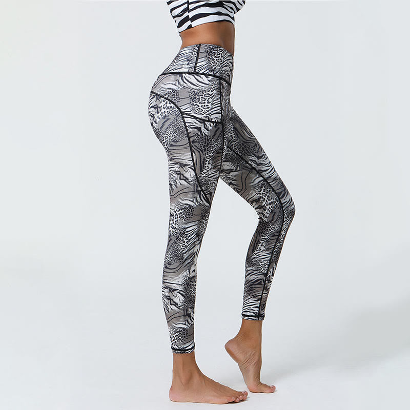 Buddha Stones Różane Linie Tygrys Panterka Nadruk Sport Fitness Wysoki Stan Legginsy Damskie Spodnie Do Jogi Z Kieszeniami