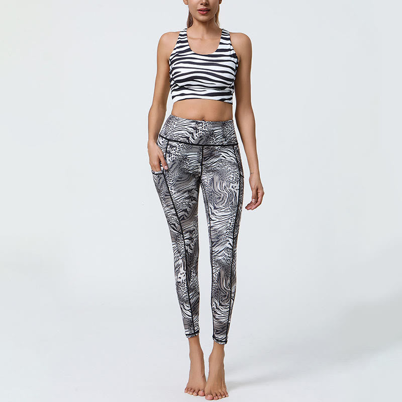 Buddha Stones Różane Linie Tygrys Panterka Nadruk Sport Fitness Wysoki Stan Legginsy Damskie Spodnie Do Jogi Z Kieszeniami