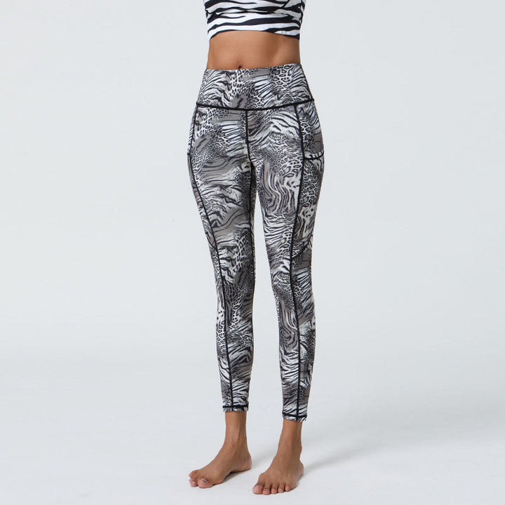 Buddha Stones Różane Linie Tygrys Panterka Nadruk Sport Fitness Wysoki Stan Legginsy Damskie Spodnie Do Jogi Z Kieszeniami