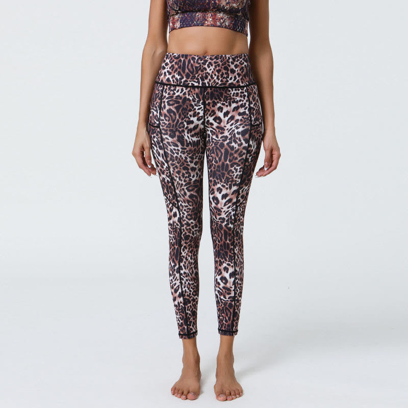 Buddha Stones Różane Linie Tygrys Panterka Nadruk Sport Fitness Wysoki Stan Legginsy Damskie Spodnie Do Jogi Z Kieszeniami