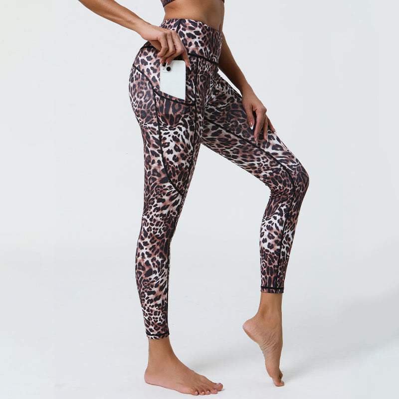 Buddha Stones Różane Linie Tygrys Panterka Nadruk Sport Fitness Wysoki Stan Legginsy Damskie Spodnie Do Jogi Z Kieszeniami