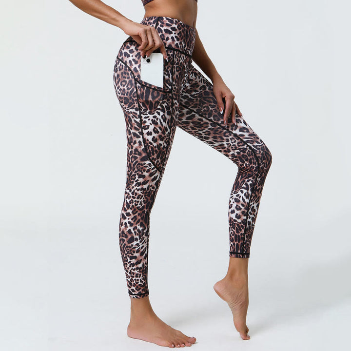 Buddha Stones Różane Linie Tygrys Panterka Nadruk Sport Fitness Wysoki Stan Legginsy Damskie Spodnie Do Jogi Z Kieszeniami