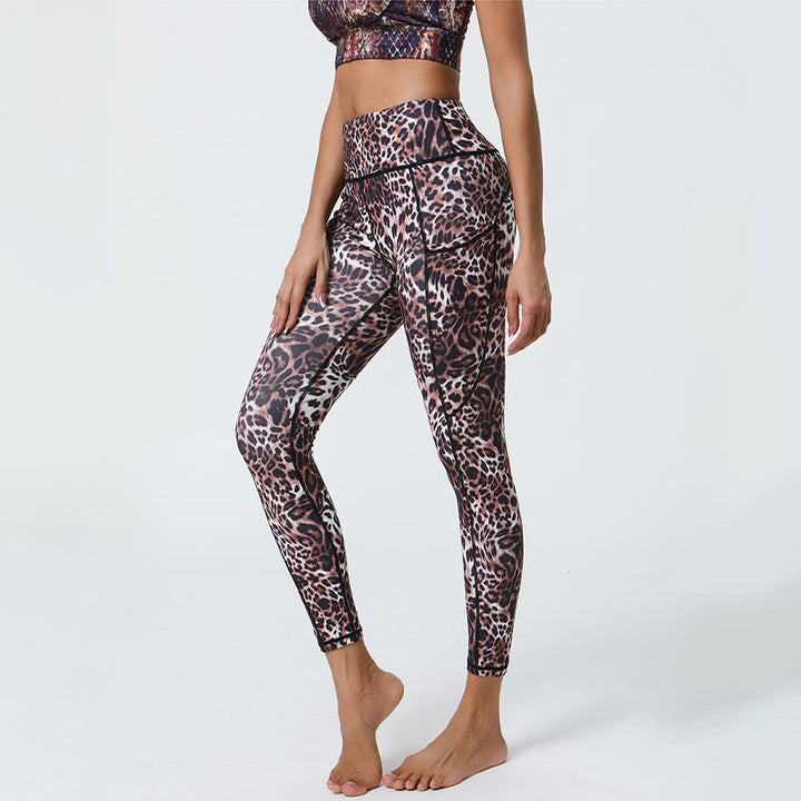 Buddha Stones Różane Linie Tygrys Panterka Nadruk Sport Fitness Wysoki Stan Legginsy Damskie Spodnie Do Jogi Z Kieszeniami