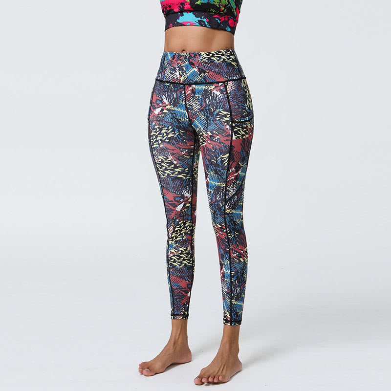 Buddha Stones Różane Linie Tygrys Panterka Nadruk Sport Fitness Wysoki Stan Legginsy Damskie Spodnie Do Jogi Z Kieszeniami
