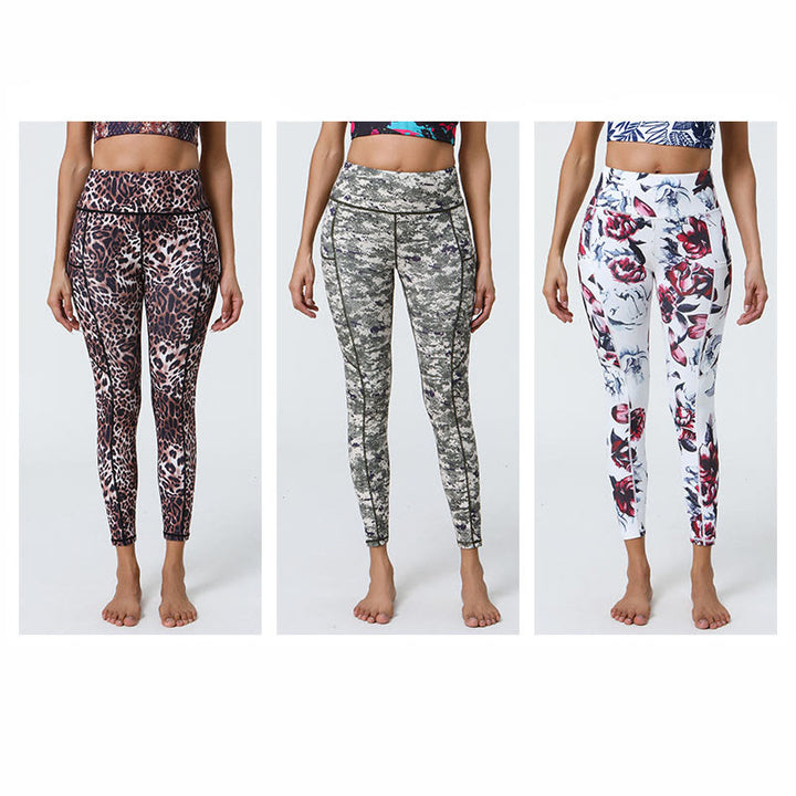 Buddha Stones Różane Linie Tygrys Panterka Nadruk Sport Fitness Wysoki Stan Legginsy Damskie Spodnie Do Jogi Z Kieszeniami