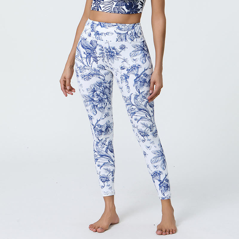 Buddha Stones Kwiaty Liście Mniszki lekarskie Ananasy Nadruk Sport Fitness Wysoki Stan Legginsy Damskie Spodnie do Jogi - Jasnoniebieskie kwiaty - US12, UK/AU16, EU44 (XL) - image 1