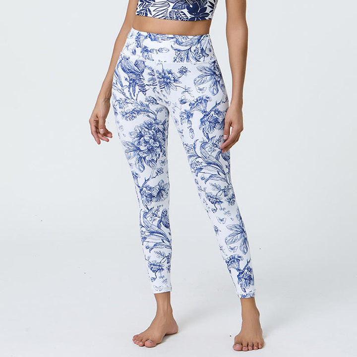 Buddha Stones Kwiaty Liście Mniszki lekarskie Ananasy Nadruk Sport Fitness Wysoki Stan Legginsy Damskie Spodnie do Jogi - Jasnoniebieskie kwiaty - US12, UK/AU16, EU44 (XL) - image 1