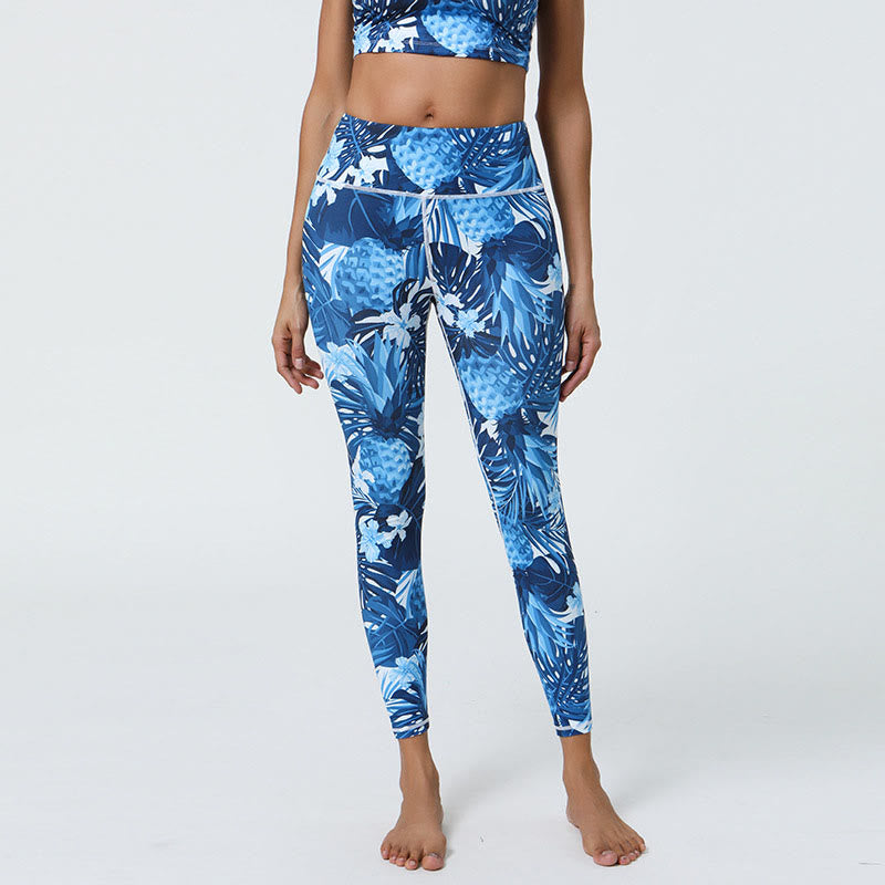 Buddha Stones Kwiaty Liście Mniszki lekarskie Ananasy Nadruk Sport Fitness Wysoki Stan Legginsy Damskie Spodnie do Jogi