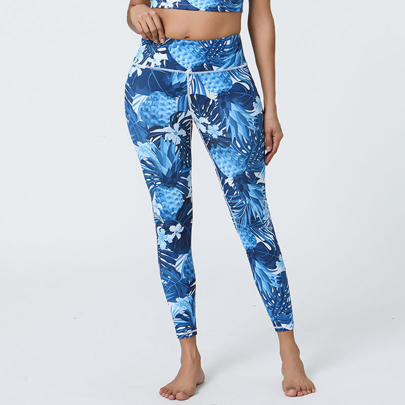Buddha Stones Kwiaty Liście Mniszki lekarskie Ananasy Nadruk Sport Fitness Wysoki Stan Legginsy Damskie Spodnie do Jogi - Ciemnoniebieskie ananasy - US12, UK/AU16, EU44 (XL) - image 18