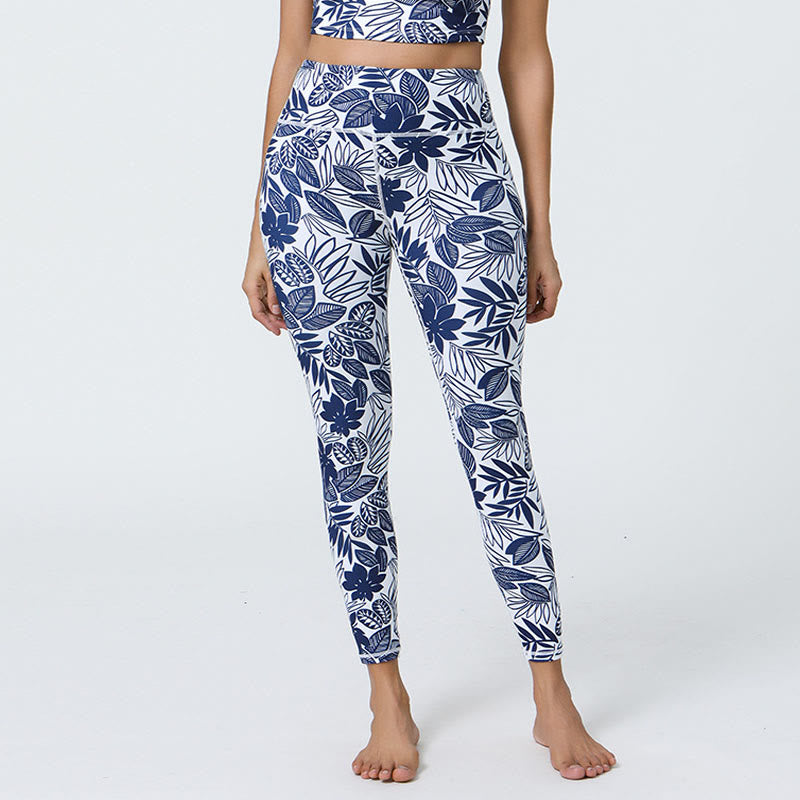Buddha Stones Kwiaty Liście Mniszki lekarskie Ananasy Nadruk Sport Fitness Wysoki Stan Legginsy Damskie Spodnie do Jogi - Biało-niebieskie liście - US12, UK/AU16, EU44 (XL) - image 23