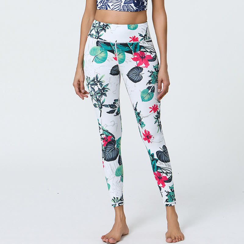 Buddha Stones Kwiaty Liście Mniszki lekarskie Ananasy Nadruk Sport Fitness Wysoki Stan Legginsy Damskie Spodnie do Jogi - Białe zielone kwiaty liście - US12, UK/AU16, EU44 (XL) - image 7