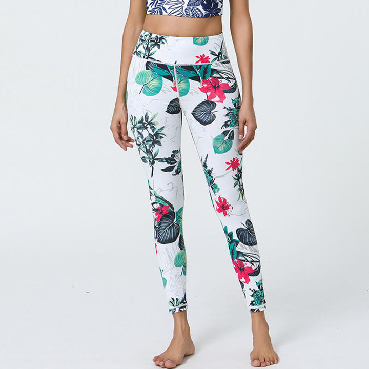Buddha Stones Kwiaty Liście Mniszki lekarskie Ananasy Nadruk Sport Fitness Wysoki Stan Legginsy Damskie Spodnie do Jogi - Białe zielone kwiaty liście - US12, UK/AU16, EU44 (XL) - image 7