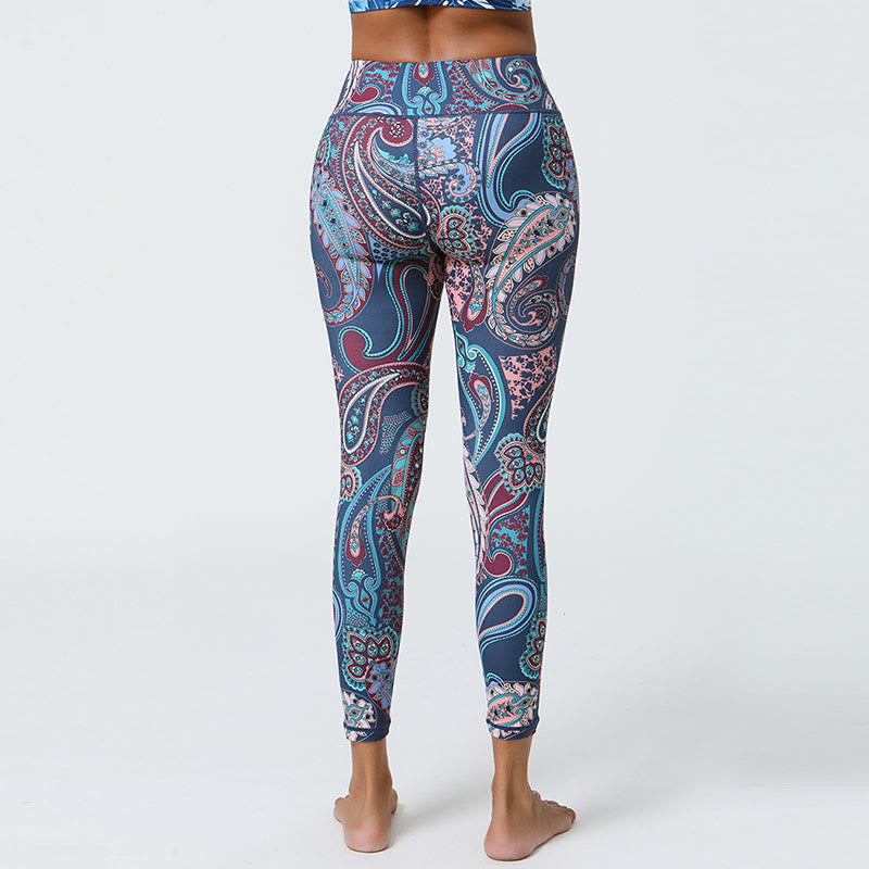 Buddha Stones Kwiaty Pióra Słońce Księżyc Nadruk Sport Fitness Joga Wysoki Stan Legginsy Damskie Spodnie