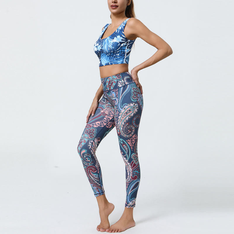 Buddha Stones Kwiaty Pióra Słońce Księżyc Nadruk Sport Fitness Joga Wysoki Stan Legginsy Damskie Spodnie