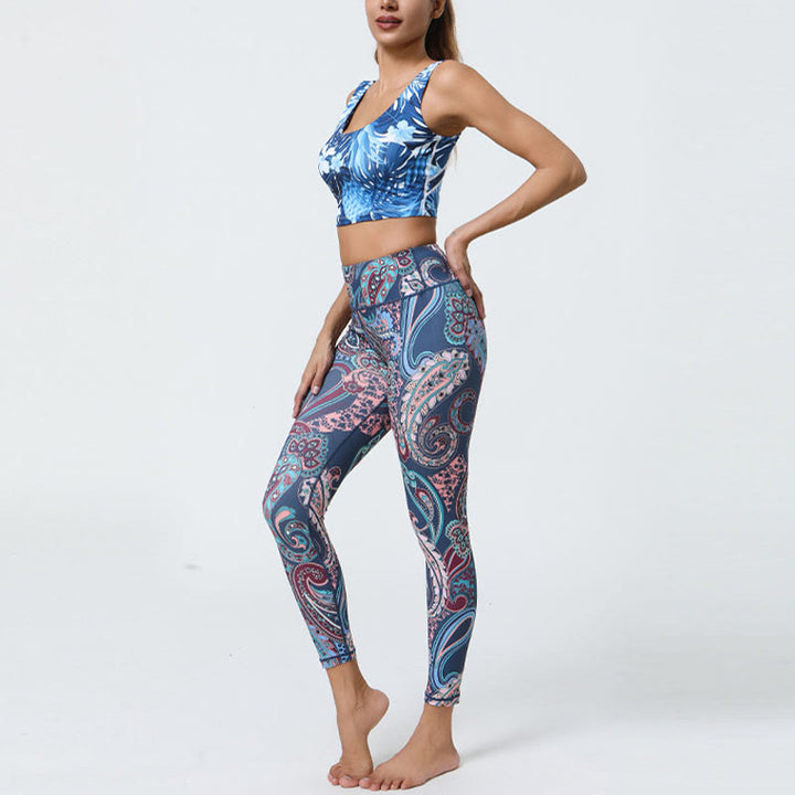 Buddha Stones Kwiaty Pióra Słońce Księżyc Nadruk Sport Fitness Joga Wysoki Stan Legginsy Damskie Spodnie