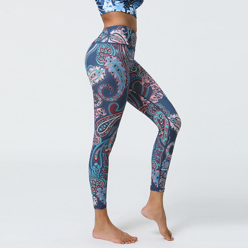 Buddha Stones Kwiaty Pióra Słońce Księżyc Nadruk Sport Fitness Joga Wysoki Stan Legginsy Damskie Spodnie