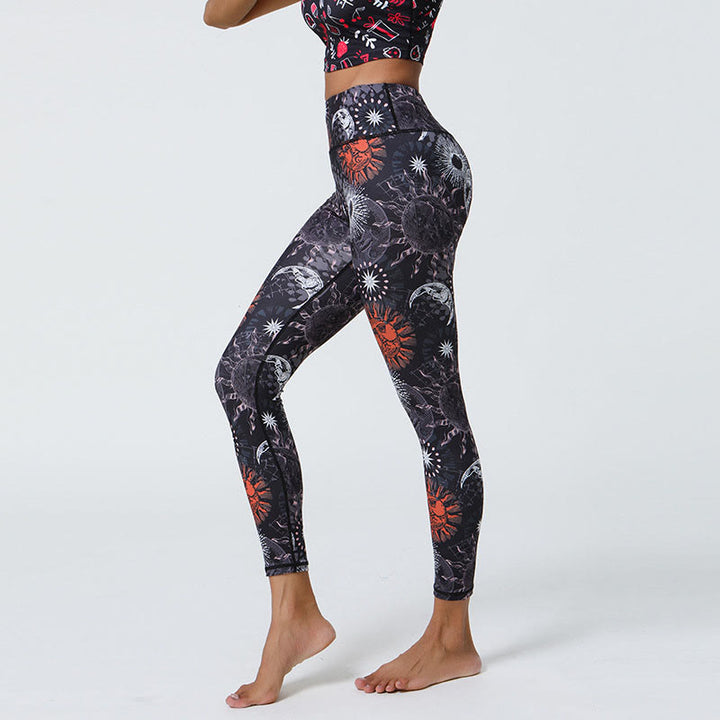 Buddha Stones Kwiaty Pióra Słońce Księżyc Nadruk Sport Fitness Joga Wysoki Stan Legginsy Damskie Spodnie