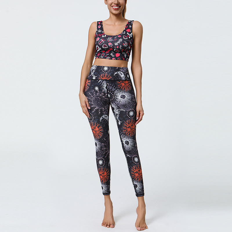 Buddha Stones Kwiaty Pióra Słońce Księżyc Nadruk Sport Fitness Joga Wysoki Stan Legginsy Damskie Spodnie